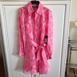 NWT Karl Lagerfeld Pink Floral Sheer Tie-Waist Shirt Dress Sz 4